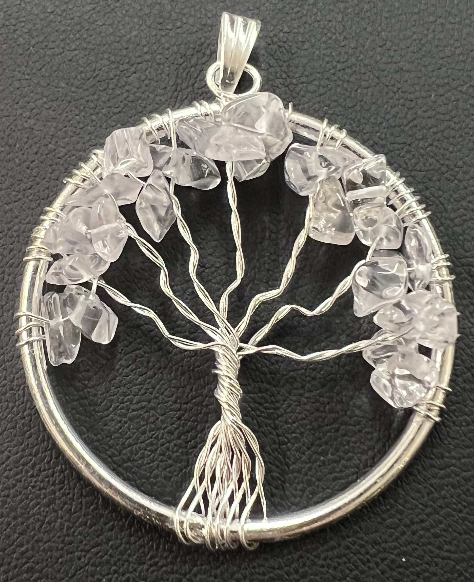 Natural Stone Tree of Life Pendant in Silver - 1.5 inches - Clear Quartz